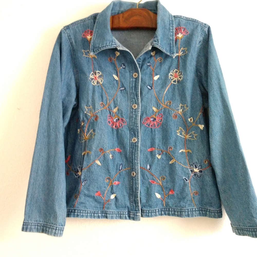 Floral Embroidered Denim Shirt Jacket Shacket New Identity Large Chest 42"